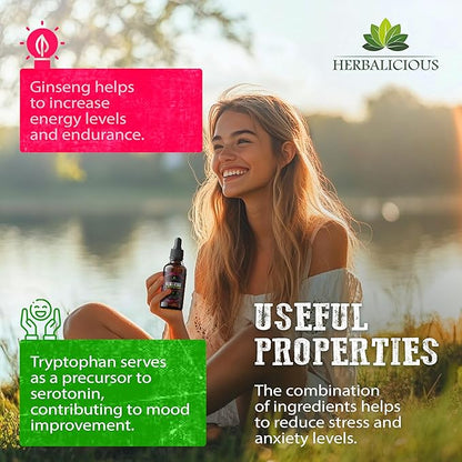 Ginseng L-Tryptophan Liquid - Ashwagandha, Ginkgo, Red Korean Panax - Drops Dietary Supplement Natural Stress Relief, Mood Booster, Sleep Aid & Calming Support - Non-GMO Vegetarian Formula (4 fl oz )
