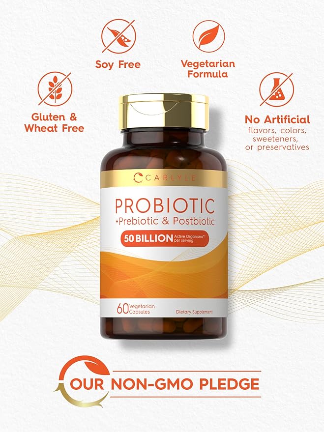 Carlyle Probiotic for Women and Men | 50 Billion CFU | 60 Capsules | Plus Prebiotic and Postbiotic | Complex Supplement | Vegetarian, Non-GMO, and Gluten Free