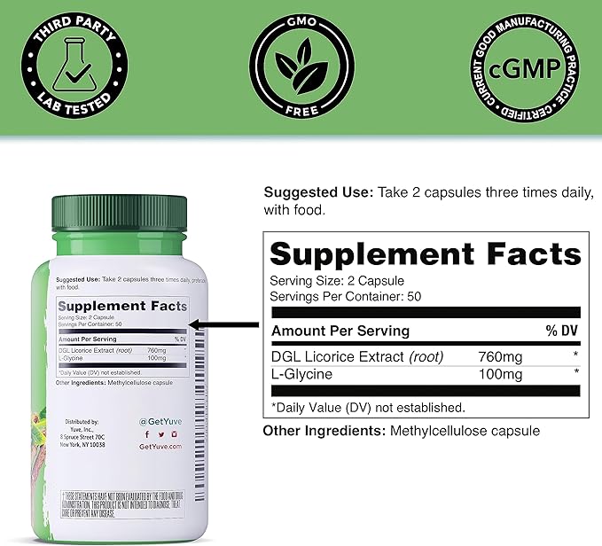 Yuve Vegan DGL Licorice 760mg - Ultra Pure Deglycyrrhizinated Licorice Root Capsules Supplement - Support Stomach, Gut & Intestinal Relief - Natural Acid Reflux Formula - Non-GMO & Gluten Free - 100ct