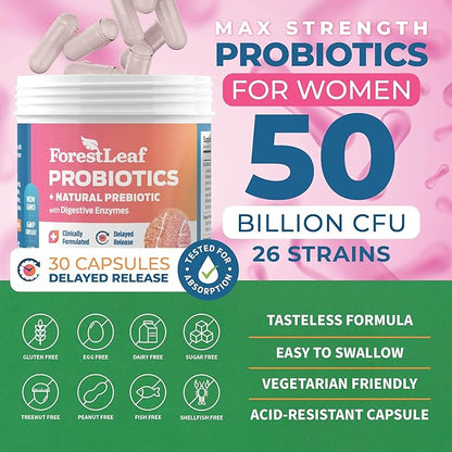 Probiotics for Women, 50 Billion CFU, 26 Unique Strains, Women's Probiotic and Prebiotics Support Digestive Health, w/ Cranberry, Hibiscus & D-Mannose for Vaginal PH Balance, Urinary, Gut (30 Caps)