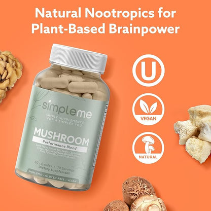 Multi-Mushroom Supplement - Complex For Brain, Immune Support, Nootropics - Performance Blend with Lions Mane, Turkey Tail, Reishi, Cordyceps, Chaga, Maitake, Shiitake, and More - 60 Capsules