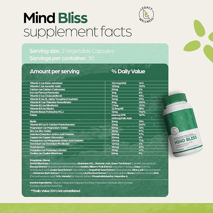 Mind Bliss Brain Supplement: 40-Ingredient Memory, Focus & Clarity Vitamins, Energy Boost & Nootropic Support with DMAE, 60 Pills