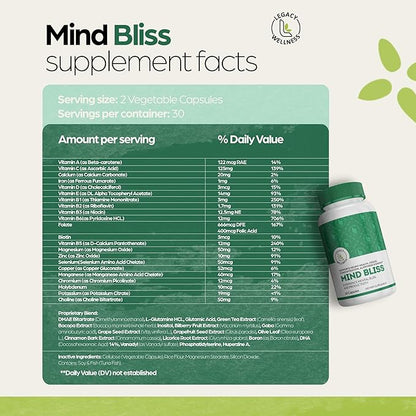 Mind Bliss Brain Supplement: 40-Ingredient Memory, Focus & Clarity Vitamins, Energy Boost & Nootropic Support with DMAE, 60 Pills