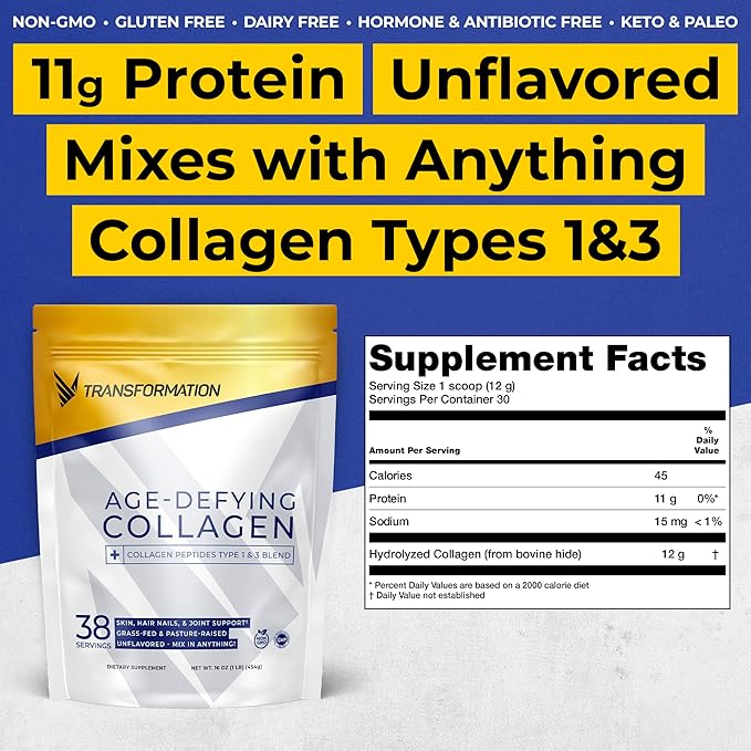 Transformation Grass-Fed Hydrolyzed Collagen Peptides Powder | Multi Types 1 & 3 | Pure Bovine | Keto Friendly | Supports Hair, Skin, Nails | 16oz Unflavored Supplement