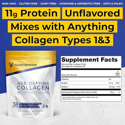 Transformation Grass-Fed Hydrolyzed Collagen Peptides Powder | Multi Types 1 & 3 | Pure Bovine | Keto Friendly | Supports Hair, Skin, Nails | 16oz Unflavored Supplement