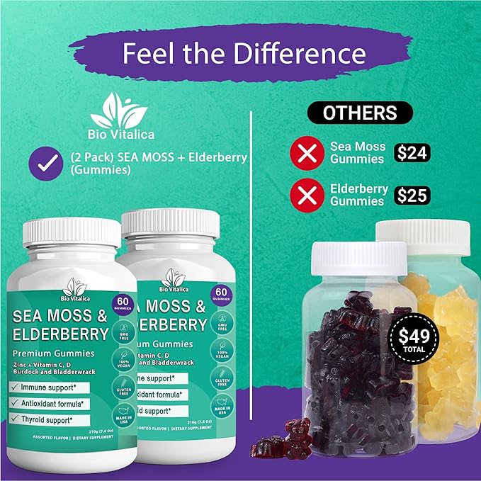 BIO VITALICA (Bundle) Sea Moss Elderberry (2 Packs) & Sea Moss Elderberry Gummies (1 Packs) BioVitalica