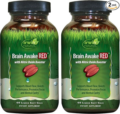Irwin Naturals Brain Awake RED with Nitric Oxide Booster - 60 Liquid Soft-Gels, Pack of 2 - Support Brain Health & Optimize Performance - 40 Total Servings
