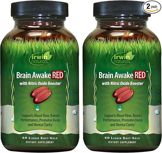 Irwin Naturals Brain Awake RED with Nitric Oxide Booster - 60 Liquid Soft-Gels, Pack of 2 - Support Brain Health & Optimize Performance - 40 Total Servings