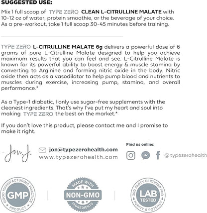 Type Zero L-Citrulline Malate Powder 2:1 6X (300g | 6000mg Per Serving | Unflavored) Ultra Clean L Citrulline, Nitric Oxide Booster, Pre Workout - Nitrous Oxide Vasodilator Supplement