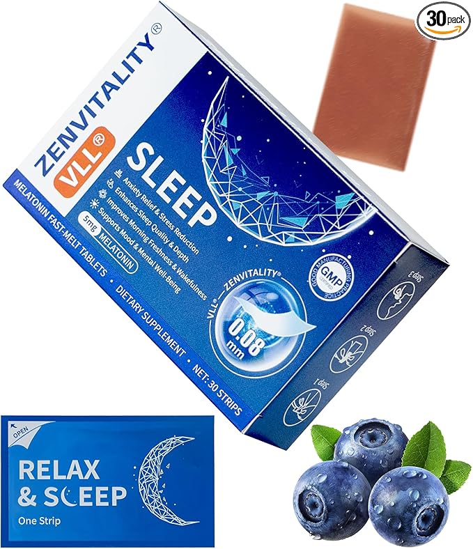 Melatonin Oral Sleep Strips 5 mg melatonin Fast-Melt Sleep Oral Strips Powerful Sleep Aid Supplement with L-Tryptophan|Vitamin B6|B5|GABA|Magnesium|11 Sleep Support Factors Blueberry Flavor