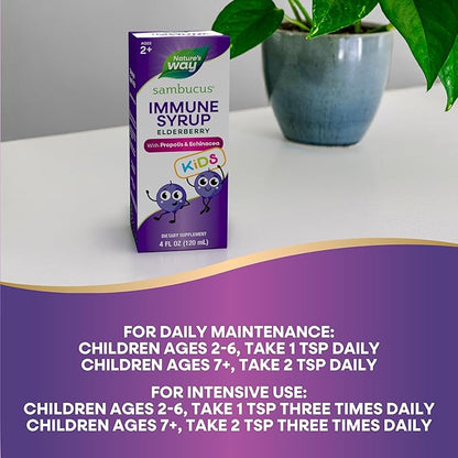 Nature's Way Sambucus Elderberry Immune Syrup for Kids Ages 2+, with Echinacea & Propolis, Daily Immune Support*, Vegetarian, Berry Flavored, 4 Fl Oz (Packaging May Vary)