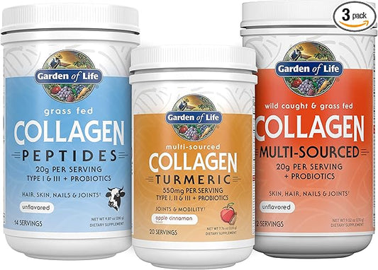 Garden of Life Collagen Bundle: Grass Fed Peptides Unflavored 14 Servings + Collagen Turmeric Apple Cinnamon 20 Servings + Multi-Sourced Collagen Unflavored Powder 12 Scoops, Hair, Skin, Nails Joints