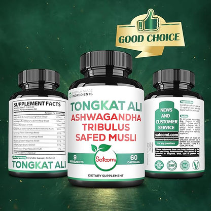 Satoomi Tongkat Ali Root Extract 200:1-9 Essential Herbs with Ashwagandha, Tribulus Terrestris & More - Support Strength, Energy and Healthy Immune - 60 Vegan Caps 2 Month Supply