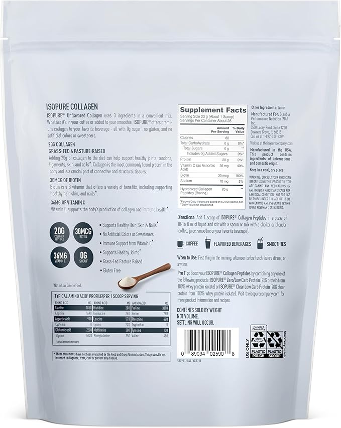 Isopure Collagen Peptides Powder, Promotes Hair, Nail, Skin and Joint Health, with Vitamin C and Biotin, Unflavored, 20g Collagen Peptides Per Serving, 1.42 Lb, 28 Servings (Packaging May Vary)