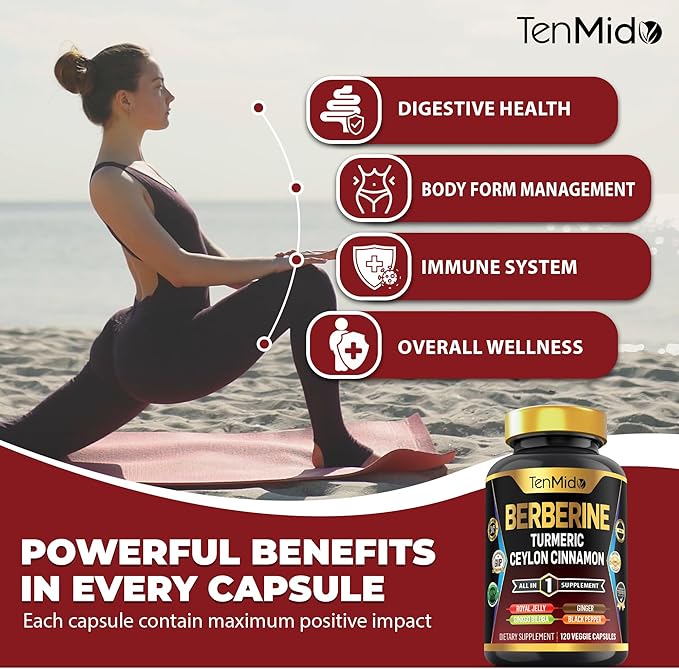 Berberine Supplement - 7in1 Formula - Combine with Turmeric, Royal Jelly, Ceylon Cinnamon, Ginkgo Biloba, Ginger & Black Pepper - Digestive Health, Immune Support - 120 Capsules