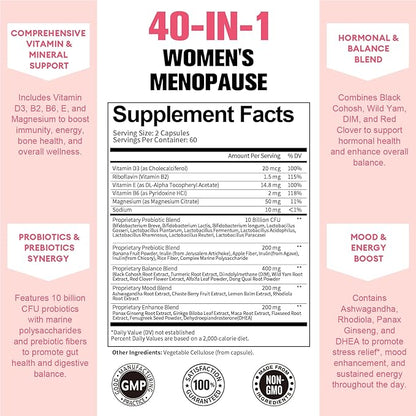 Complete Menopause Supplements for Women, 40-in-1 Hormone Balance for Women Night Sweats Relief, Hot Flashes, w/Black Cohosh, Probiotics, DIM, Vitex, Dong Quai, Red Clover, 120 Capsules