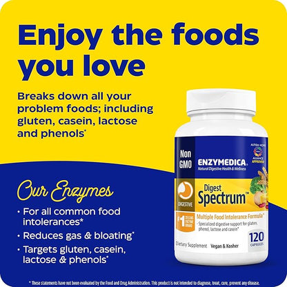 Enzymedica Digest Spectrum, Digestive Enzymes for Multiple Food Intolerances, Offers Fast-Acting Gas & Bloating Relief, 120 Capsules FFP