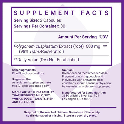 Luma Nutrition High Purity Resveratrol Supplement - 98% Trans-Resveratrol - Antioxidant - Resveratrol Capsules - Vegan & Gluten-Free - 60 Capsules