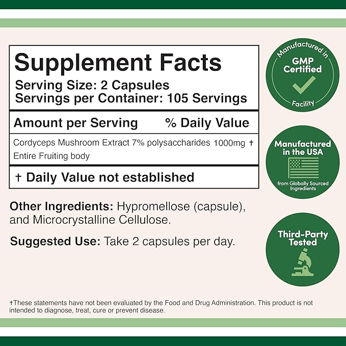 Cordyceps Capsules (Cordyceps Sinensis Mushroom Extract) 210 Count, 3.5 Month Supply, 1,000MG (7% Polysaccharides with Alpha and Beta Glucans) Overall and Aging Support by Double Wood