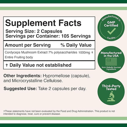 Cordyceps Capsules (Cordyceps Sinensis Mushroom Extract) 210 Count, 3.5 Month Supply, 1,000MG (7% Polysaccharides with Alpha and Beta Glucans) Overall and Aging Support by Double Wood