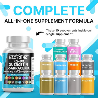 NAC Supplement N-Acetyl Cysteine Vitamin D3 K2 Zinc Quercetin Sarracenia Purpurea Immune Support | Elderberry Holy Basil Bee Propolis Bromelain L-Lysine Capsules Supplements For Women Men Adults