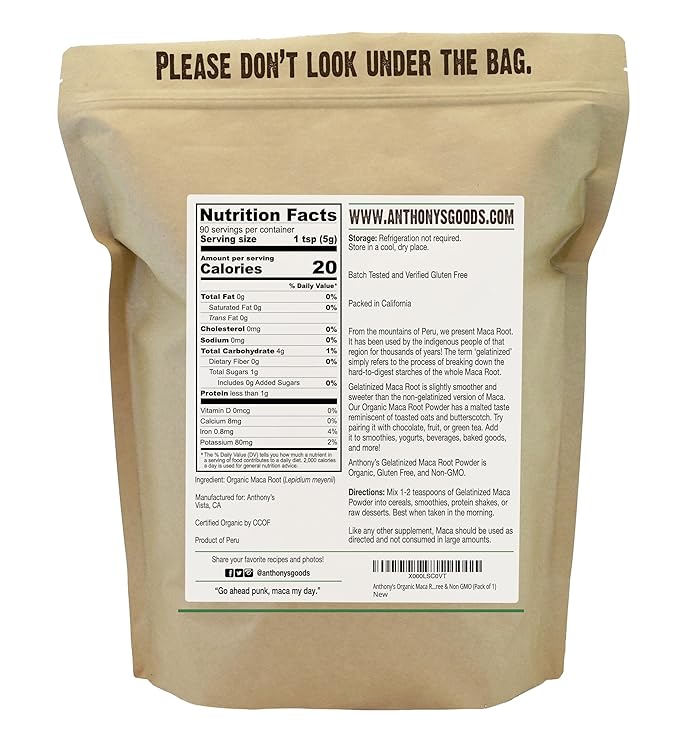 Anthony's Organic Maca Root Powder, 1 lb, Gelatinized for Enhanced Bioavailability, Gluten Free, Non GMO