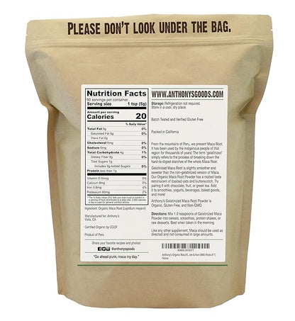 Anthony's Organic Maca Root Powder, 1 lb, Gelatinized for Enhanced Bioavailability, Gluten Free, Non GMO