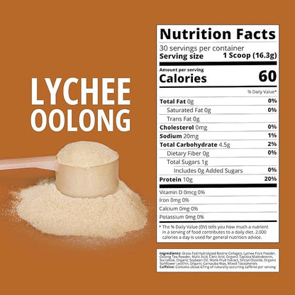 Boba Tea Protein Lychee Oolong Flavored Collagen | 30 Servings | Grass-Fed Hydrolyzed Bovine Collagen Powder for Men and Women | Promotes Hair, Nail, Skin, Bone, and Joint Health | No Added Sugar
