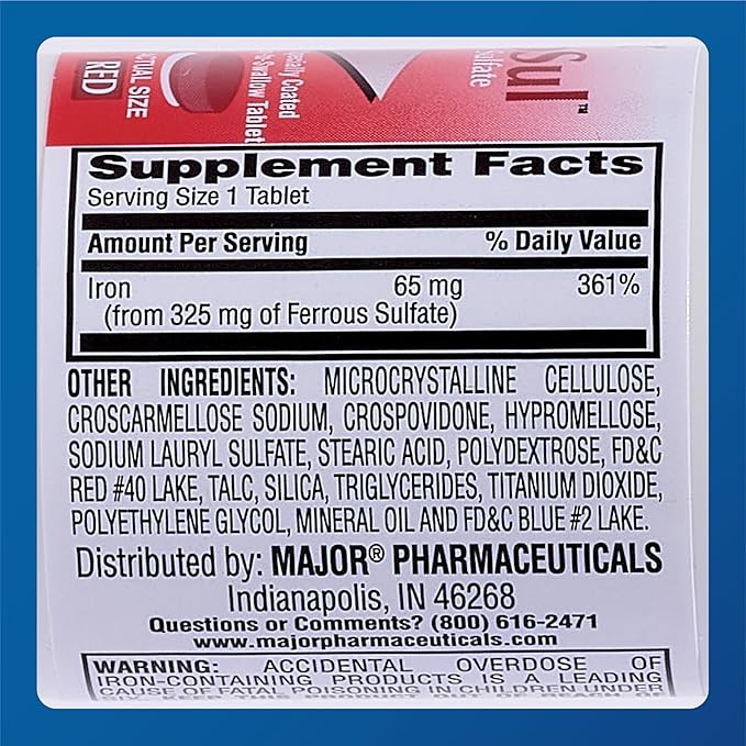 MAJOR Ferosul - Ferrous Sulfate 325mg Tablets with 65mg of Elemental Iron - Iron Supplement for Women, Men - Red - 100 Count (3 Pack)