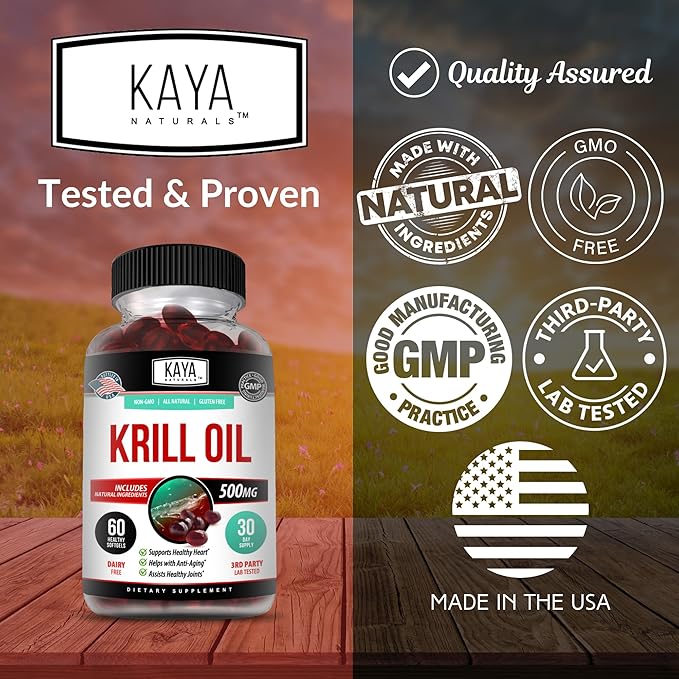 Kaya Naturals - Antarctic Krill Oil 500mg with Omega 3, EPA, DHA, Phospholipids & Astaxanthin Supplement - Brain & Health Vitamin - Anti Aging Supplement - 60 Count Softgels