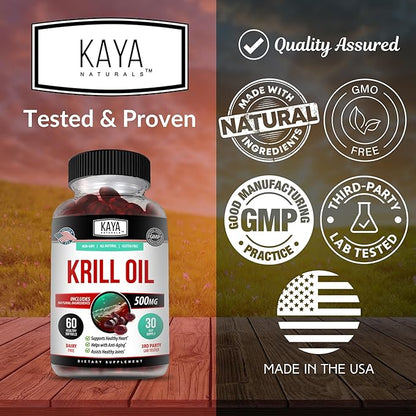 Kaya Naturals - Antarctic Krill Oil 500mg with Omega 3, EPA, DHA, Phospholipids & Astaxanthin Supplement - Brain & Health Vitamin - Anti Aging Supplement - 60 Count Softgels