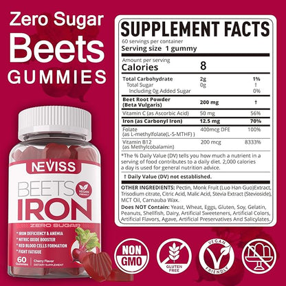 Beet Root Gummies with Iron, Methyl B12, Folate, Vitamin C - Made in USA - Increase Nitric Oxide & Iron Levels, Energy Support, Fight Fatigue, Beetroot & Gentle Iron Supplement, Sugar Free, 120 Count