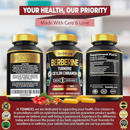Berberine Supplement - 7in1 Formula - Combine with Turmeric, Royal Jelly, Ceylon Cinnamon, Ginkgo Biloba, Ginger & Black Pepper - Digestive Health, Immune Support - 120 Capsules