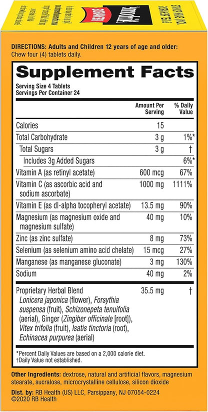 Airborne Vitamin C 1000mg (per Serving) - Citrus Chewable Tablets (96 Count in a Box), Gluten-Free Immune Support Supplement with Vitamins A C E, Zinc, Selenium, Echinacea, Ginger, Antioxidants