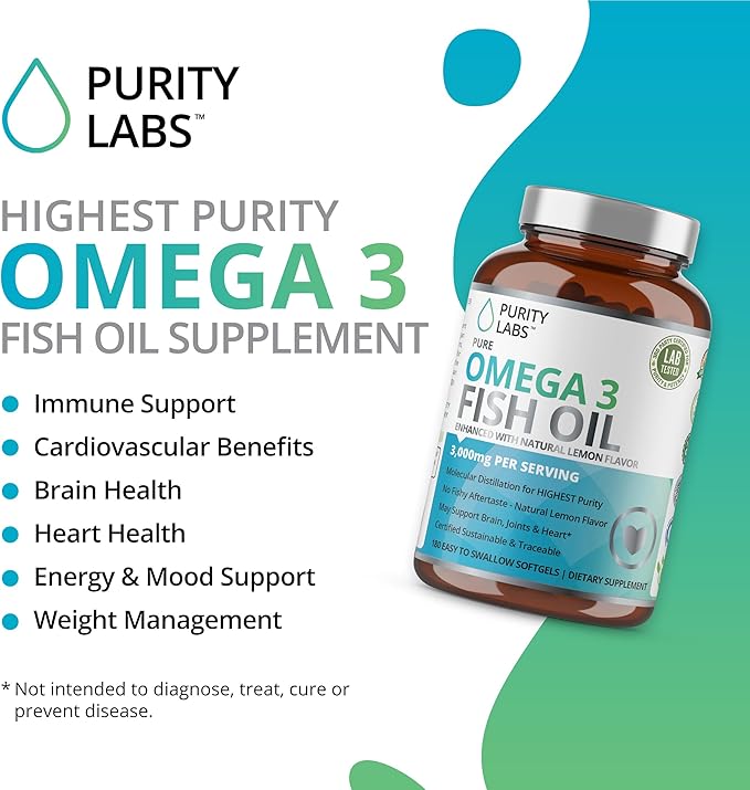 Purity Labs Omega 3 Fish Oil 3000mg – DHA & EPA Omega 3 Fatty Acid Supplements to Support Heart and Brain Health - Immune Support Supplement - 180 Softgels (60 Servings)