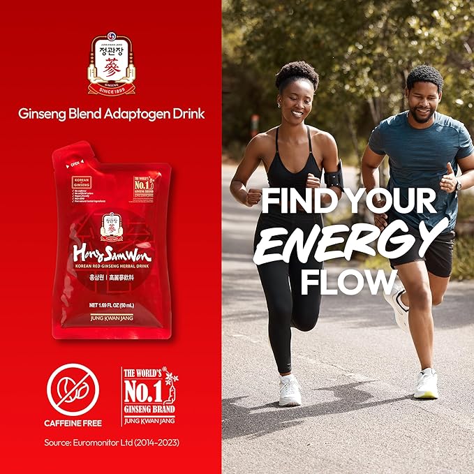 HongSamWon - Korean Red Ginseng Tea, Pre and Post Workout Herbal Energy Drink with Jujube, Cinnamon Ginger & Goji Berry - Caffeine Free, Non-GMO (60 Pouches, 1.69 fl oz)