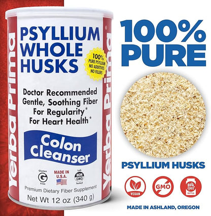 Yerba Prima Psyllium Whole Husks, Colon Cleanser 12 oz (Pack of 2) - All Natural Dietary Fiber, Pure Premium Psyllium, Lab-Tested Non-GMO, Gluten-Free Fiber, Made in The USA