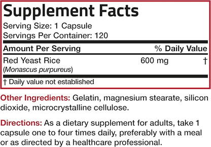 Bronson Red Yeast Rice 600 MG Monascus Purpureus Herbal Health, Non-GMO, 120 Capsules