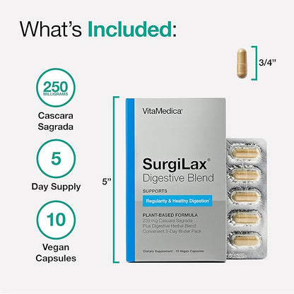 VitaMedica SurgiLax Digestive Blend - All-Natural 5 Day Colon Cleanse - Detox with Cascara Sagrada, Ginger & Milk Thistle for Constipation Relief, Gas & Bloating - 10 Vegan Capsules