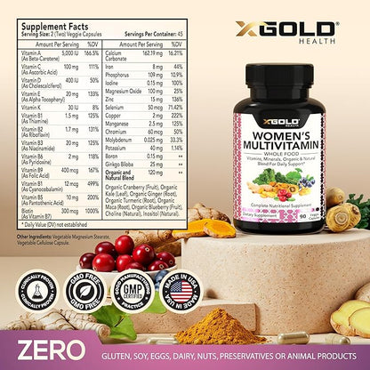 Vegan Women's Daily Multivitamin 50 Plus with Organic WholeFood Based Natural Ingredients, Ginger, Maca, Multi-Vitamin B Complex & More - Energy Support, Immune System Booster -90 Capsules