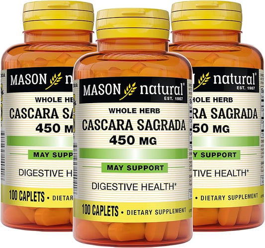 MASON NATURAL Cascara Sagrada 450 mg with Calcium - Promotes Bowel Function, Gentle Constipation Relief, Improved Digestive Health, 100 Caplets (Pack of 3)