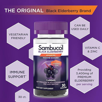 Sambucol Black Elderberry Gummies - Elderberry with Zinc and Vitamin C for Adults, Sambucus Elderberry Gummies, Immune Support Gummies - 30 Count, 3 Pack