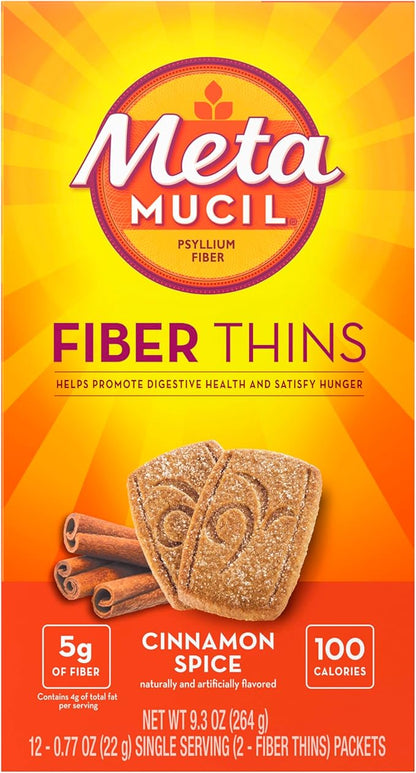 Metamucil Fiber Thins, Psyllium Husk Fiber, 5g Fiber per Serving, Supports Digestive Health and Satisfies Hunger, Daily Fiber Snack, Cinnamon Spice Flavor, 48 Total Servings (4 Packs of 12)
