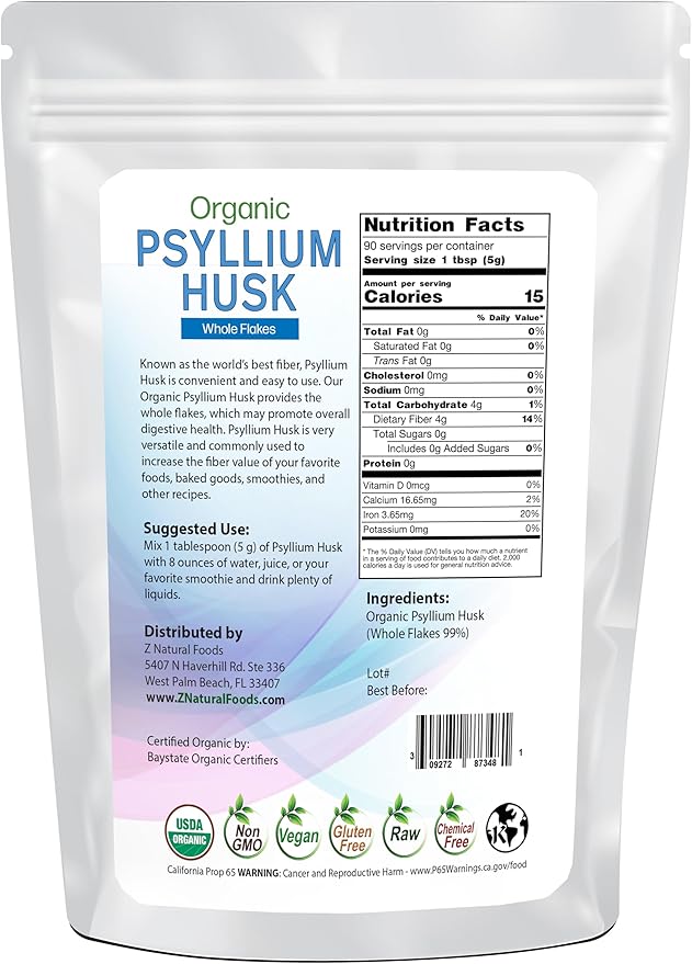 Z Natural Foods Organic Whole Psyllium Husk Flakes, a Natural Fiber Supplement, Mix It Into Smoothies, Juice, Non-GMO, Vegan, Gluten-Free, Kosher, 1 lb.