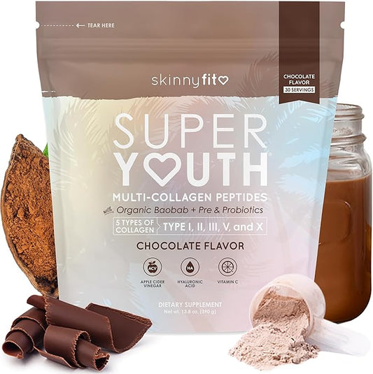 SkinnyFit - Super Youth, Chocolate (30 Servings) - Multi Collagen Peptides Powder - Probiotics, Fiber, Hyaluronic Acid - Collagen for Women - Non GMO, Gluten Free, Sugar Free - Beauty & Self Care
