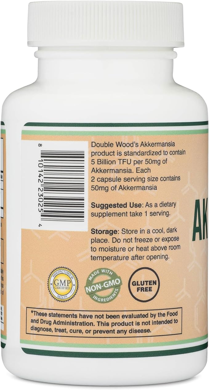 Akkermansia Probiotic and Postbiotic (Increases GLP-1 Production) 120 Capsules, 50mg per Serving (Third Party Tested to 5 Billion TFU per Serving, 50 Billion CFU per Gram) by Double Wood