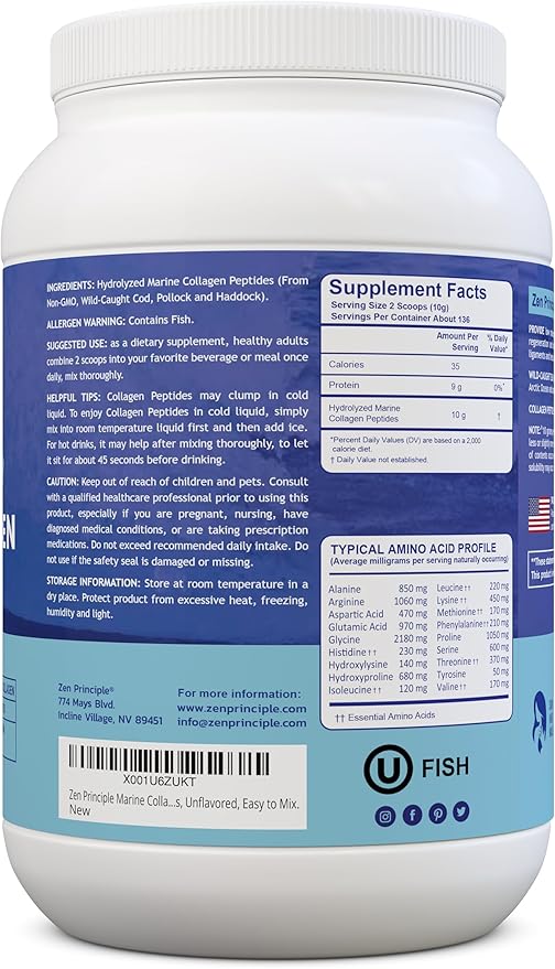 Zen Principle Marine Collagen Peptides Powder 3 lb. Wild-Caught Fish, Non-GMO. Supports Healthy Skin, Hair, Joints, and Bones. Hydrolyzed Type 1 & 3 Protein. Amino Acids, Unflavored, Easy to Mix.