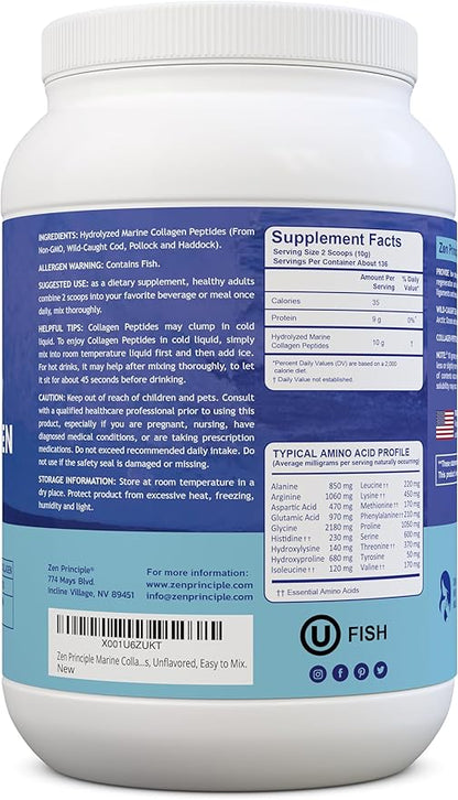 Zen Principle Marine Collagen Peptides Powder 3 lb. Wild-Caught Fish, Non-GMO. Supports Healthy Skin, Hair, Joints, and Bones. Hydrolyzed Type 1 & 3 Protein. Amino Acids, Unflavored, Easy to Mix.