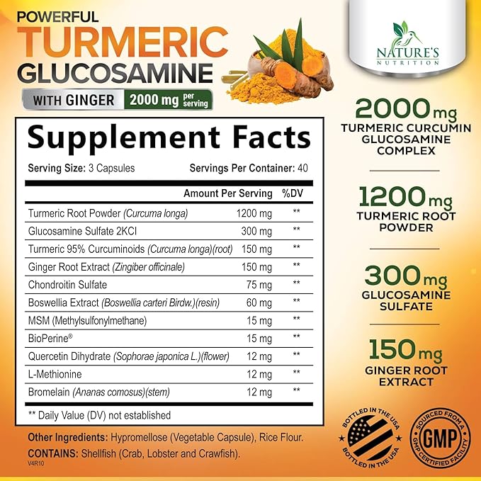 Turmeric Curcumin Supplement 2000mg with Glucosamine Chondroitin & Ginger, 95% Curcuminoids, BioPerine Black Pepper for Best Absorption, Nature's Joint Support, Non-GMO, Bottled in USA - 120 Capsules