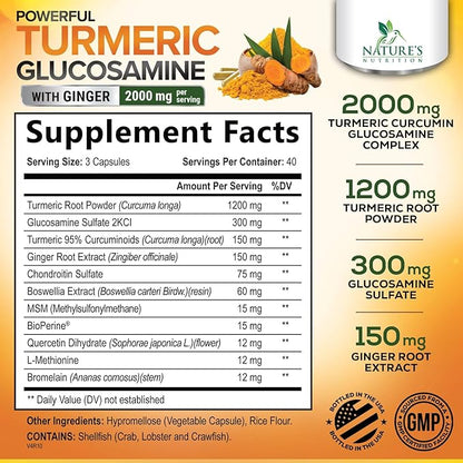 Turmeric Curcumin Supplement 2000mg with Glucosamine Chondroitin & Ginger, 95% Curcuminoids, BioPerine Black Pepper for Best Absorption, Nature's Joint Support, Non-GMO, Bottled in USA - 120 Capsules